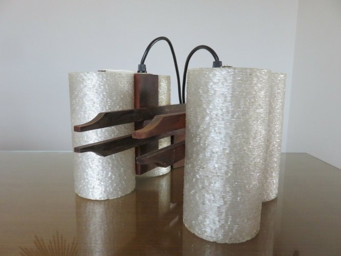 LUSTRE, SUSPENSION SCANDINAVE EN TECK ET PERSPEX 4 FEUX ANNEES 60 70 VINTAGE 