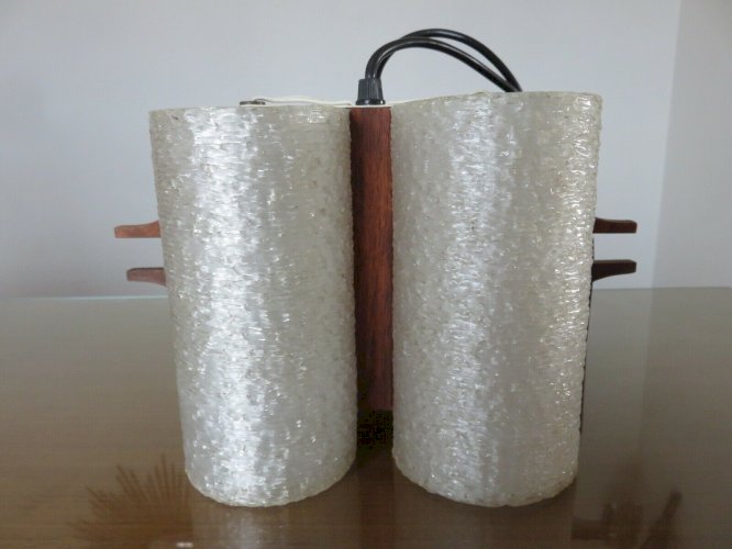 LUSTRE, SUSPENSION SCANDINAVE EN TECK ET PERSPEX 4 FEUX ANNEES 60 70 VINTAGE 