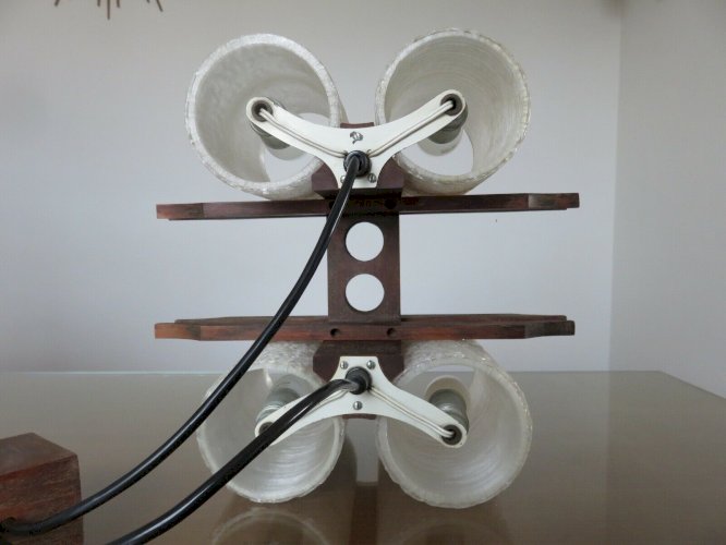 LUSTRE, SUSPENSION SCANDINAVE EN TECK ET PERSPEX 4 FEUX ANNEES 60 70 VINTAGE 