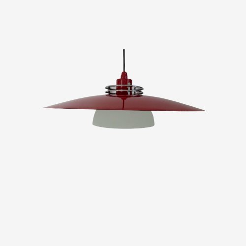 LUSTRE, SUSPENSION SCANDINAVE METAL LAQUE ROUGE, METAL CHROME, VERRE, ANNEES 80.