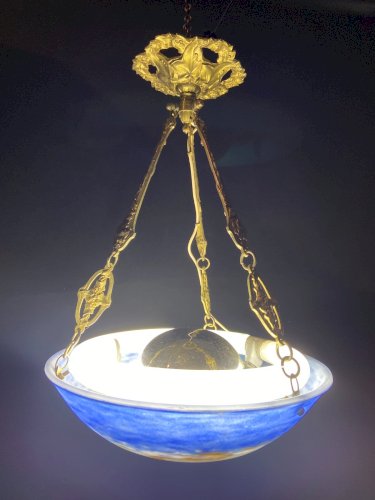 Lustre suspension vasque Art Déco en pâte de verre signée Lorrain