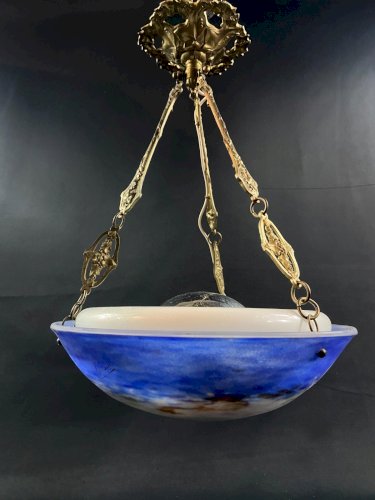 Lustre suspension vasque Art Déco en pâte de verre signée Lorrain
