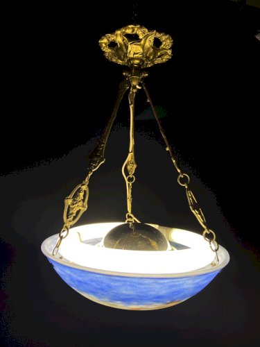 Lustre suspension vasque Art Déco en pâte de verre signée Lorrain
