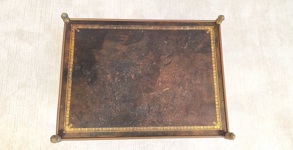 ?✨Magnifique desserte Bar Maison Jansen – Laiton, bronze et cuir à la feuille d’or – Circa 1950✨?