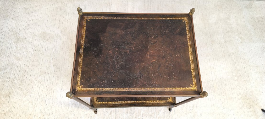 ?✨Magnifique desserte Bar Maison Jansen – Laiton, bronze et cuir à la feuille d’or – Circa 1950✨?