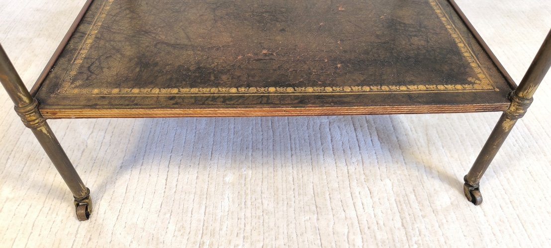 ?✨Magnifique desserte Bar Maison Jansen – Laiton, bronze et cuir à la feuille d’or – Circa 1950✨?