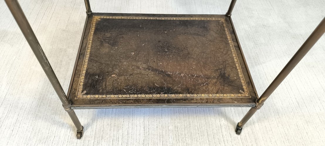 ?✨Magnifique desserte Bar Maison Jansen – Laiton, bronze et cuir à la feuille d’or – Circa 1950✨?