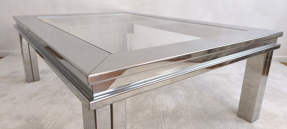 Magnifique grande table basse design 1970’s en métal chromé verre tout neuf 