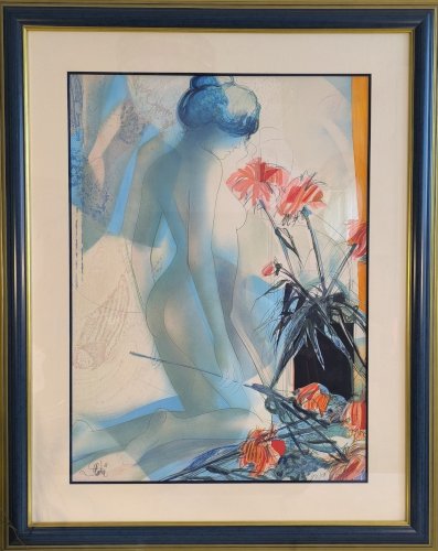 ✨✨✨ Magnifique lithographie originale signée numérotée ‘’Nu Aux Dahlias’’ de Jean Baptiste Valadié ✨✨✨