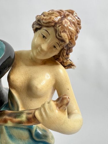 Majolica Vase GL Lorraine – Art Nouveau Girl Figure Relief – French c.1900, 44cm