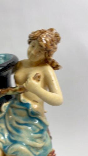 Majolica Vase GL Lorraine – Art Nouveau Girl Figure Relief – French c.1900, 44cm