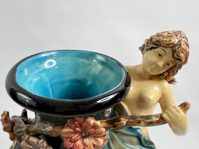 Majolica Vase GL Lorraine – Art Nouveau Girl Figure Relief – French c.1900, 44cm