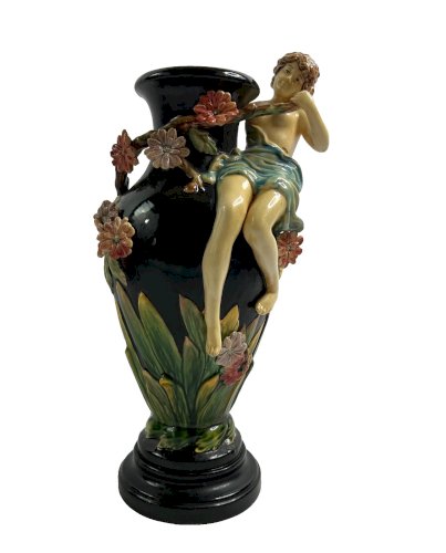 Majolica Vase GL Lorraine – Art Nouveau Girl Figure Relief – French c.1900, 44cm