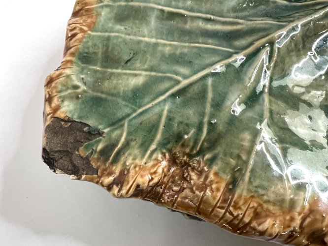 Majolica Wall Planter Barbotine Leaf Bird Beetle – French Art Nouveau c.1890