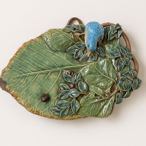 Majolica Wall Planter Barbotine Leaf Bird Beetle – French Art Nouveau c.1890