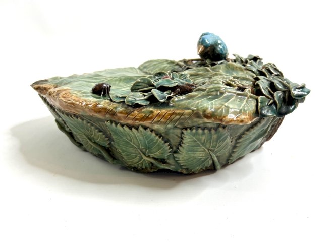 Majolica Wall Planter Barbotine Leaf Bird Beetle – French Art Nouveau c.1890