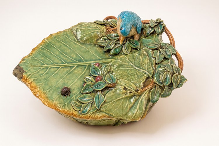 Majolica Wall Planter Barbotine Leaf Bird Beetle – French Art Nouveau c.1890