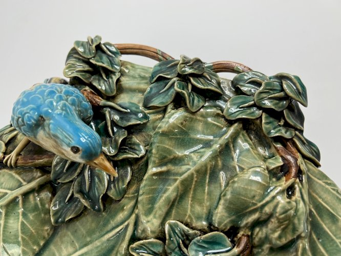 Majolica Wall Planter Barbotine Leaf Bird Beetle – French Art Nouveau c.1890