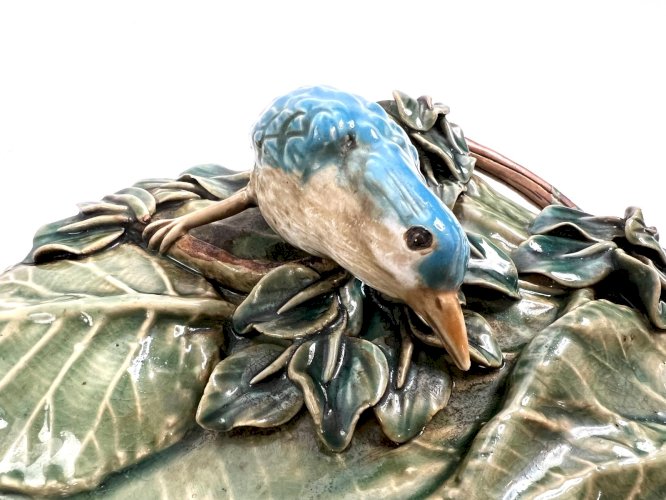 Majolica Wall Planter Barbotine Leaf Bird Beetle – French Art Nouveau c.1890