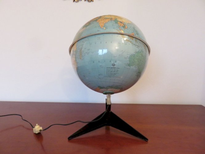 MAPPEMONDE GLOBE TERRESTRE TRIPODE ECLAIRE RICO FIRENZE ITALY ANNEES 60 VINTAGE