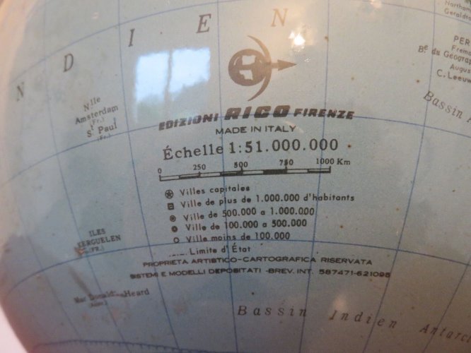MAPPEMONDE GLOBE TERRESTRE TRIPODE ECLAIRE RICO FIRENZE ITALY ANNEES 60 VINTAGE