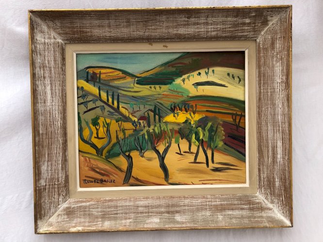 Marcel Basler huile sur toile paysage abstrait 1955 cadre cérusé dédicace C2352