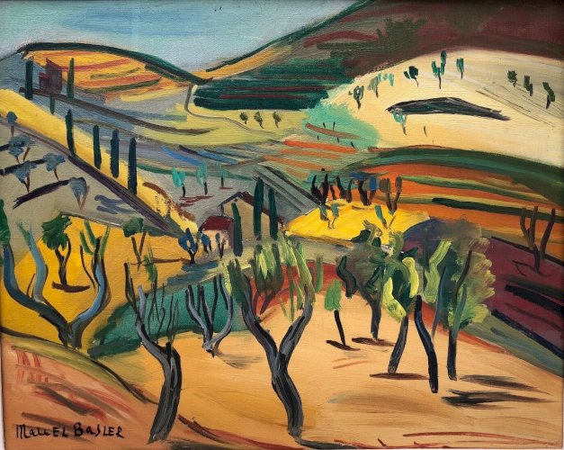 Marcel Basler huile sur toile paysage abstrait 1955 cadre cérusé dédicace C2352