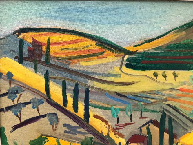 Marcel Basler huile sur toile paysage abstrait 1955 cadre cérusé dédicace C2352