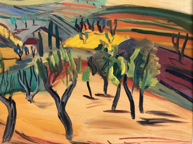 Marcel Basler huile sur toile paysage abstrait 1955 cadre cérusé dédicace C2352