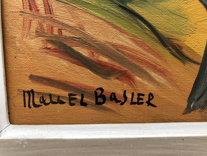 Marcel Basler huile sur toile paysage abstrait 1955 cadre cérusé dédicace C2352