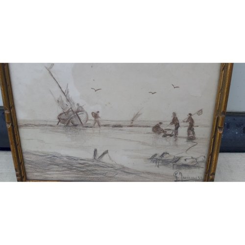 Marine Dessin aux crayons de G.GAUDEAU 1951