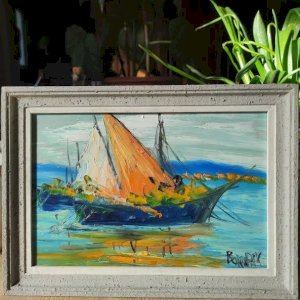 Marine Vintage painting, Saint-Tropez, Sailboats