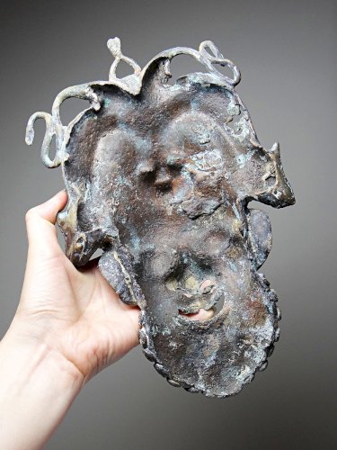 Masque Africain en Bronze vintage Bamoun, Cameroun