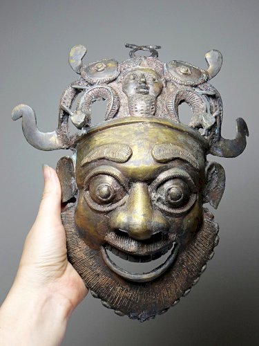 Masque Africain en Bronze vintage Bamoun, Cameroun
