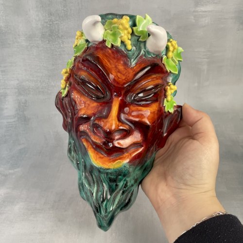 Masque satyre faune céramique émaillé vintage signé CHRISTIANE TRABUT PARIS