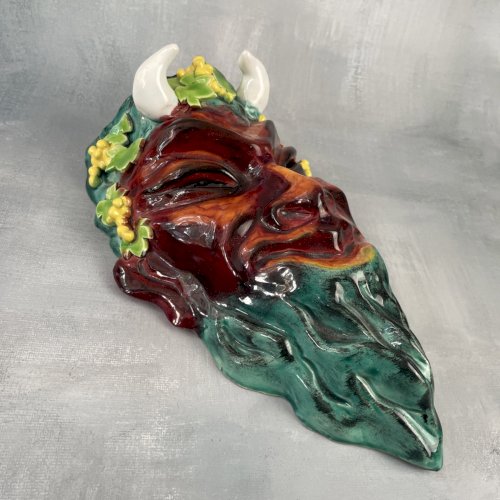 Masque satyre faune céramique émaillé vintage signé CHRISTIANE TRABUT PARIS