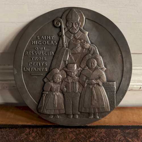 Matrice médaille en métal par Anie Mouroux Saint Nicolas XXe M3581