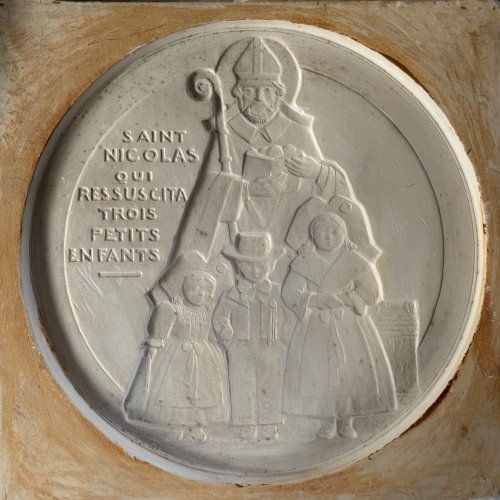 Matrice médaille en plâtre de Saint Nicolas par Anie Mouroux XXe M3574