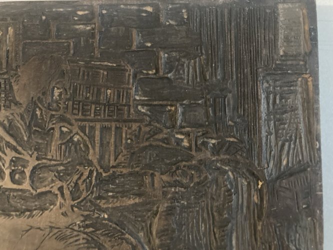 Matrice Tampon Gravure Sur Bois Curiosité Femme Panier Marché Ancien 1900 Plaque