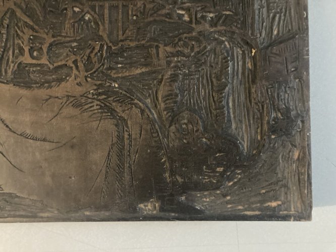 Matrice Tampon Gravure Sur Bois Curiosité Femme Panier Marché Ancien 1900 Plaque