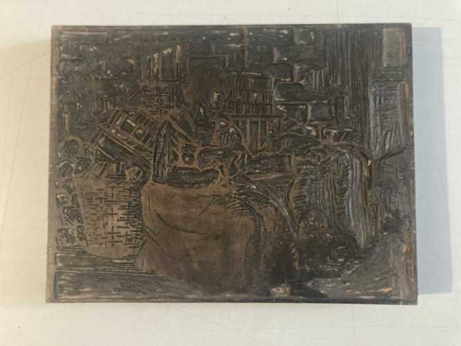 Matrice Tampon Gravure Sur Bois Curiosité Femme Panier Marché Ancien 1900 Plaque