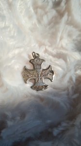 Silver religious medal JHS communion cross antique