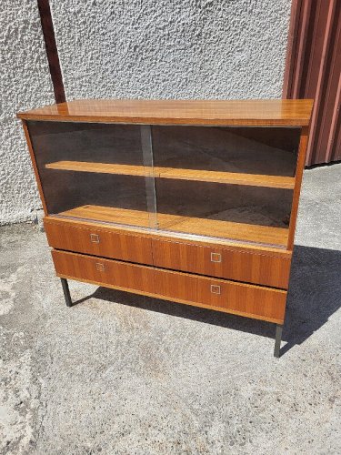 MEUBLE 1960 VINTAGE COMMODE VITRINE EN TECK PLAQUE