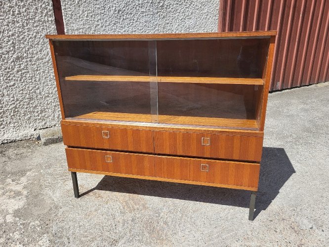 MEUBLE 1960 VINTAGE COMMODE VITRINE EN TECK PLAQUE