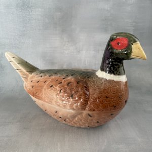 MICHEL CAUGANT : moyenne terrine boite faisan faïence barbotine Haut.~15cm