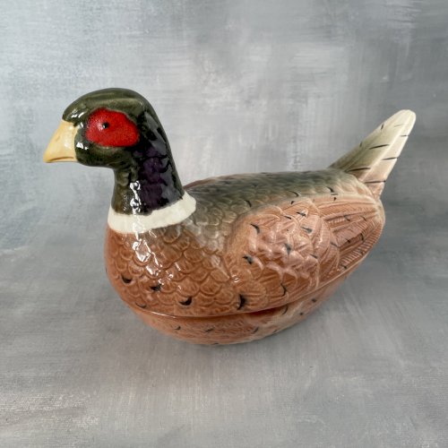 MICHEL CAUGANT : moyenne terrine boite faisan faïence barbotine Haut.~15cm