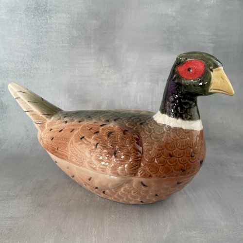 MICHEL CAUGANT : moyenne terrine boite faisan faïence barbotine Haut.~15cm