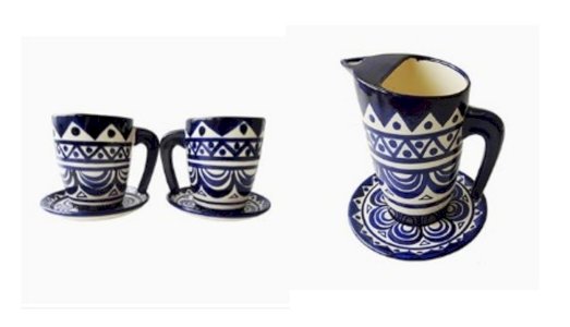 Mid-Century Set de Deux Tasses avec Pichet et soucoupes Bleu, Motif Floral signé St Jean de Bretagne 