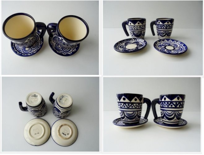 Mid-Century Set de Deux Tasses avec Pichet et soucoupes Bleu, Motif Floral signé St Jean de Bretagne 