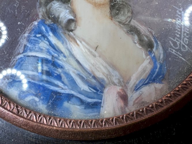 Miniature ancienne – Portrait de dame XVIIIe – Signée A. Grimout Garnier – Cadre